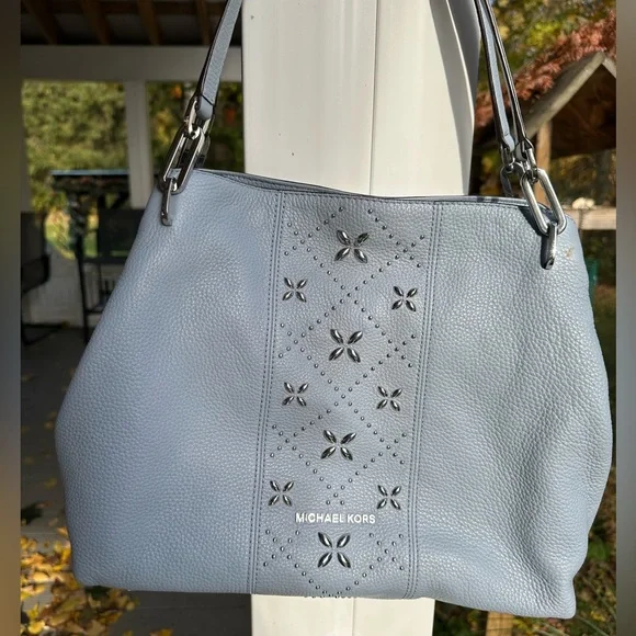 Michael Kors Leighton Light Blue Leather Shoulder Bag with Silver Studs/hardware